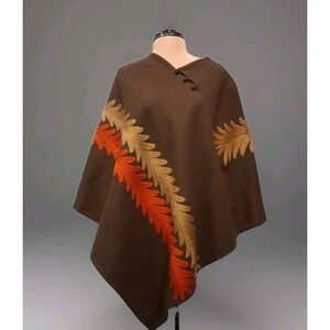Vintage Gogo Olga Fisch One Size Wool Pullover Poncho Cape Embroidered Brown Tan